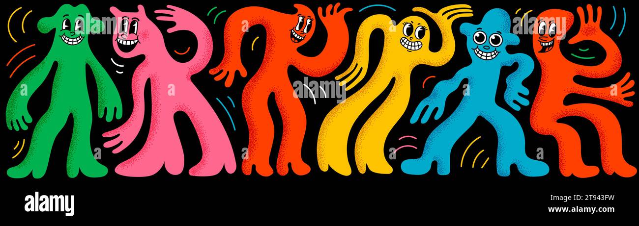 Cartoon abstract shaped dancing people. Groovy music party with colorful minimalist figures of dancing people. Ideal for character design, animation Stock Vector