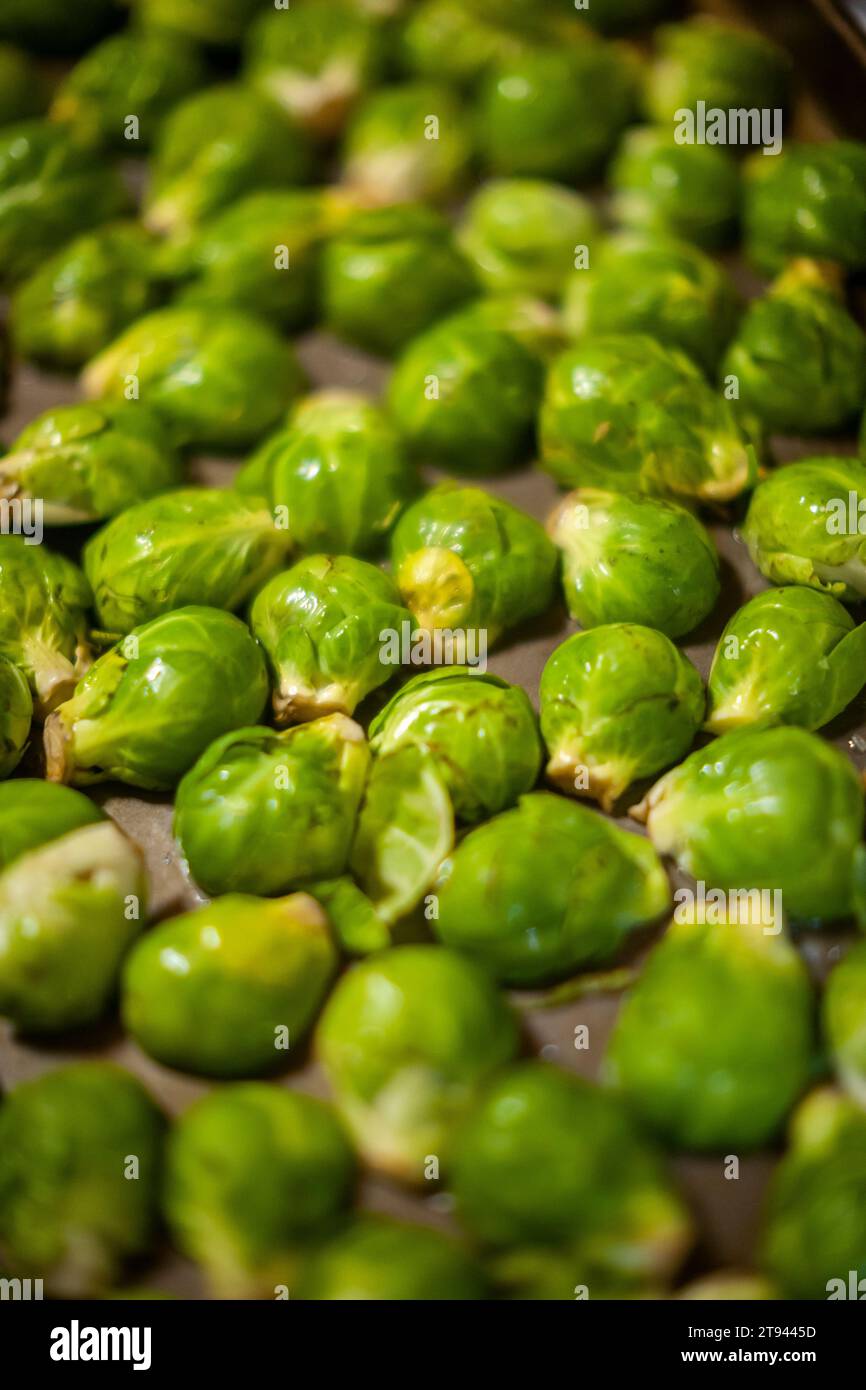 Sliced brussels sprouts prior to be roasted, in a kitchen in New York on Tuesday, November 14, 2023. (© Richard B. Levine) Stock Photo