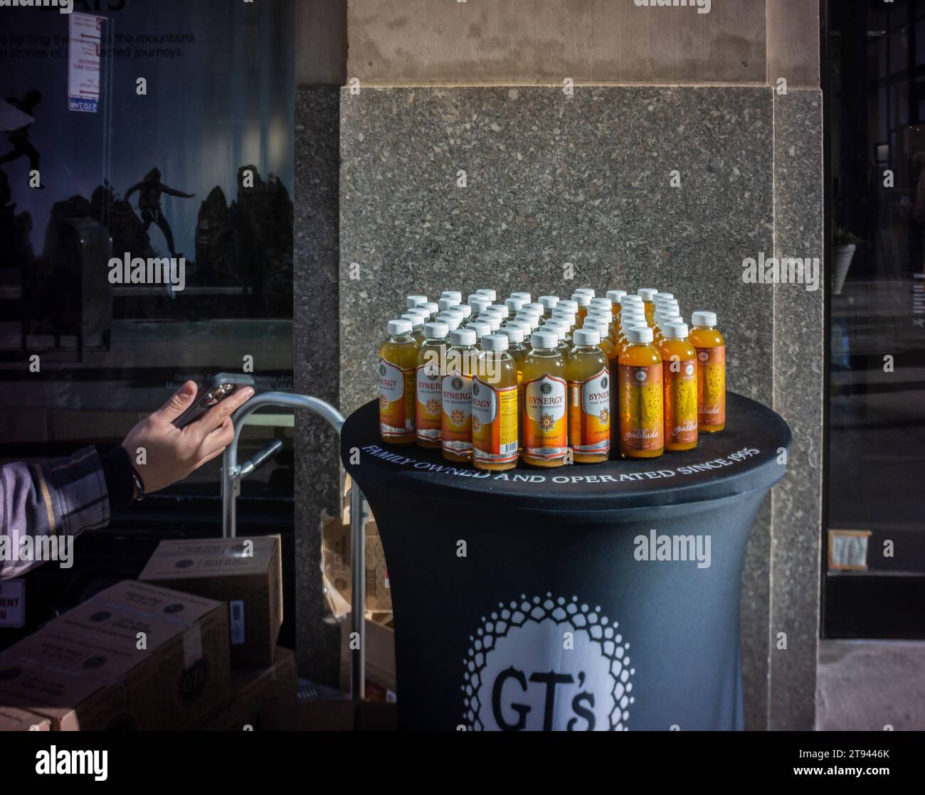 Sample bottles of GT's Synergy Raw Kombucha distributed at a brand activation in the Flatiron neighborhood of New York on Monday, November 20, 2023. (© Richard B. Levine) Stock Photo