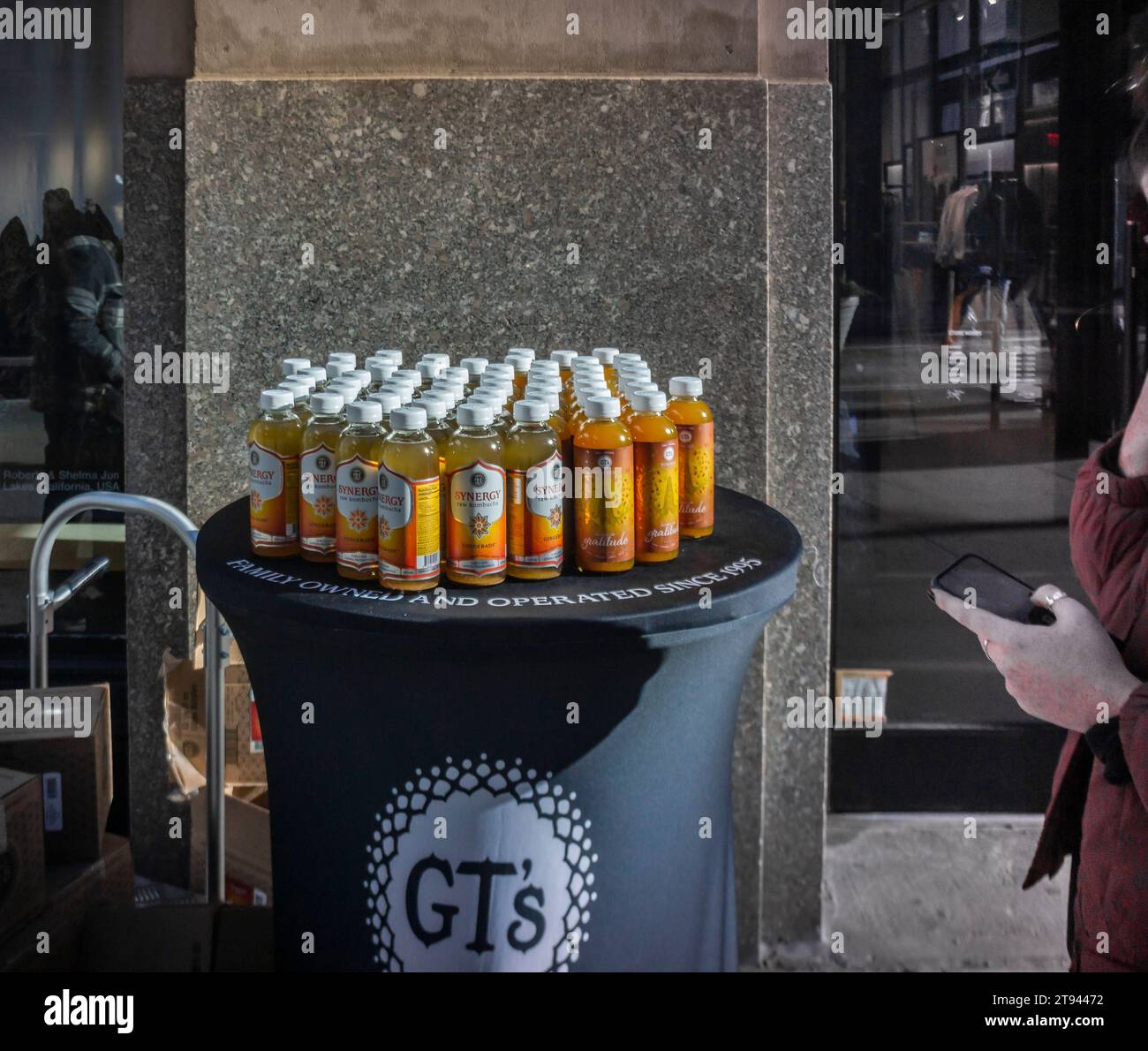 Sample bottles of GT's Synergy Raw Kombucha distributed at a brand activation in the Flatiron neighborhood of New York on Monday, November 20, 2023. (© Richard B. Levine) Stock Photo