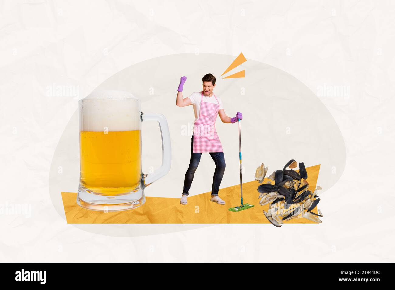 3d retro abstract creative collage of young man mop floor seeds shells