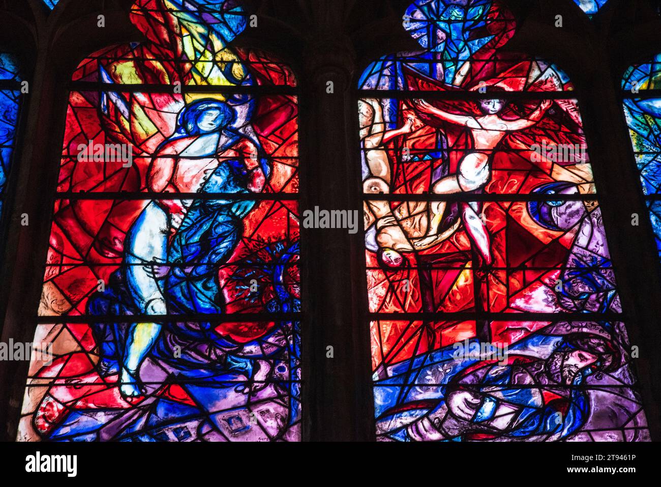 Metz, France - December 26, 2022: Marc Chagall stained glass window in the Saint Etienne cathedral of Metz. Genesis stories Stock Photo