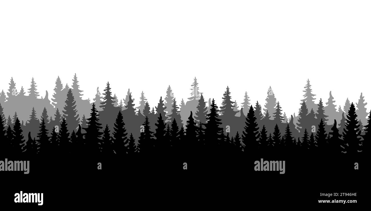 Seamless forest on mountains. Pines forest panorama pattern. Vector illustration Stock Vector