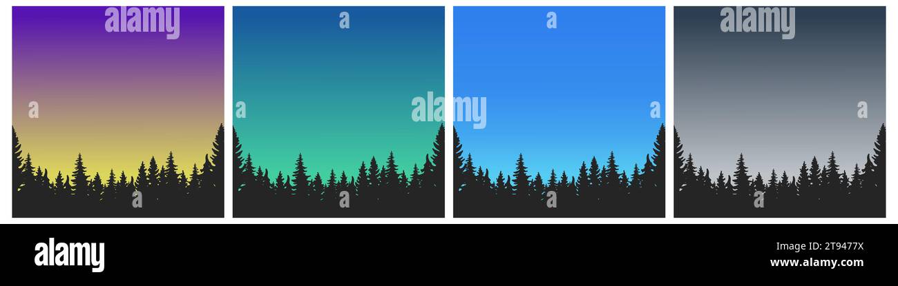 Seamless forest with northern lights in the mountains. Pine and spruce outdoor horizon banner gradient background. Stock Vector