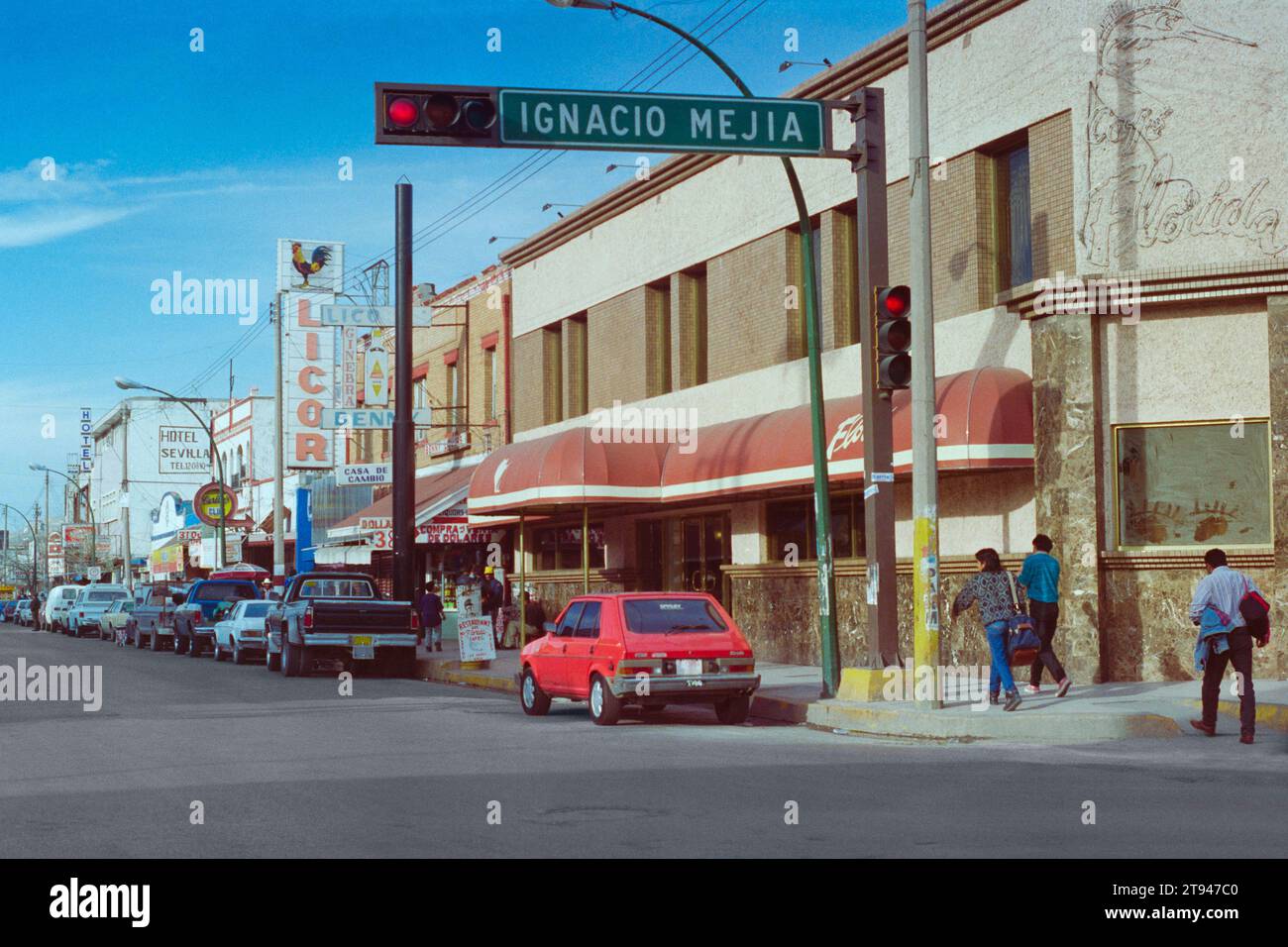 February 1986 - Juarez, Chicuahua, Mexico:  Archival film photo of stores and nightclubs along Ignacio Mejia and Av. Benito Juarez near the USA border in downtown Juarez. Stock Photo