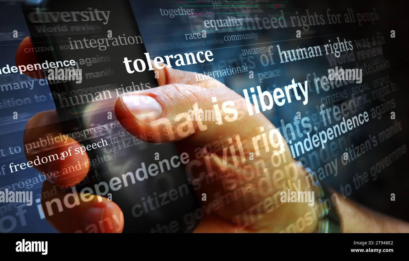 Freedom of speech Liberty Human rights Tolerance Independence. Headline news titles international media abstract concept  3d illustration. Stock Photo