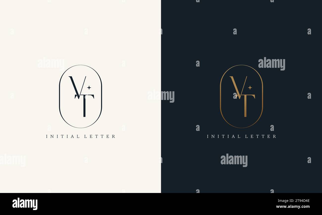 premium VT logo monogram with gold circle frame. luxury initials design minimal modern typeface. Stock Vector