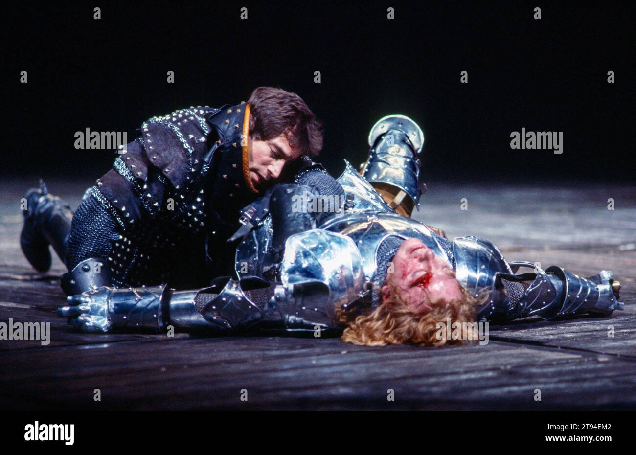 Timothy Dalton (Henry Percy / Hotspur), Gerard Murphy (Henry, Prince of Wales / Prince Hal) in HENRY IV part 1 by Shakespeare at the Royal Shakespeare Company (RSC), Barbican Theatre, London EC2  07/05/1982  music: Guy Woolfenden  design: John Napier  lighting: David Hersey  fights: Malcolm Ranson  director: Trevor Nunn Stock Photo
