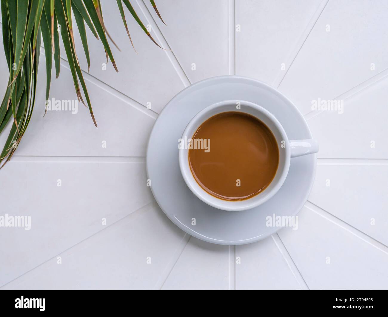 Top down view of a porcelain cup with coffee on a round, white table. Stock Photo