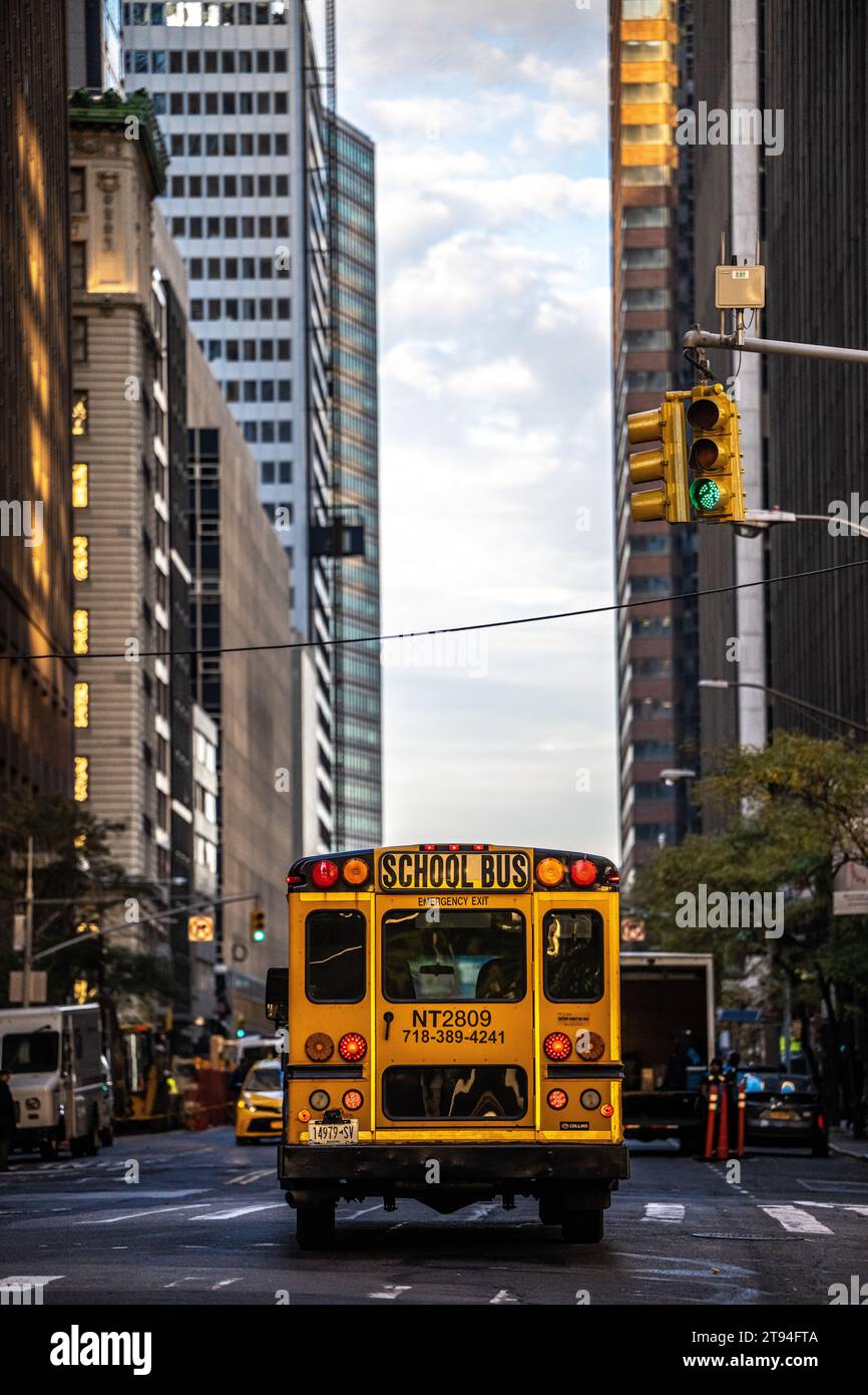 Image of a School Bus on the streets of New York. Stock Photo