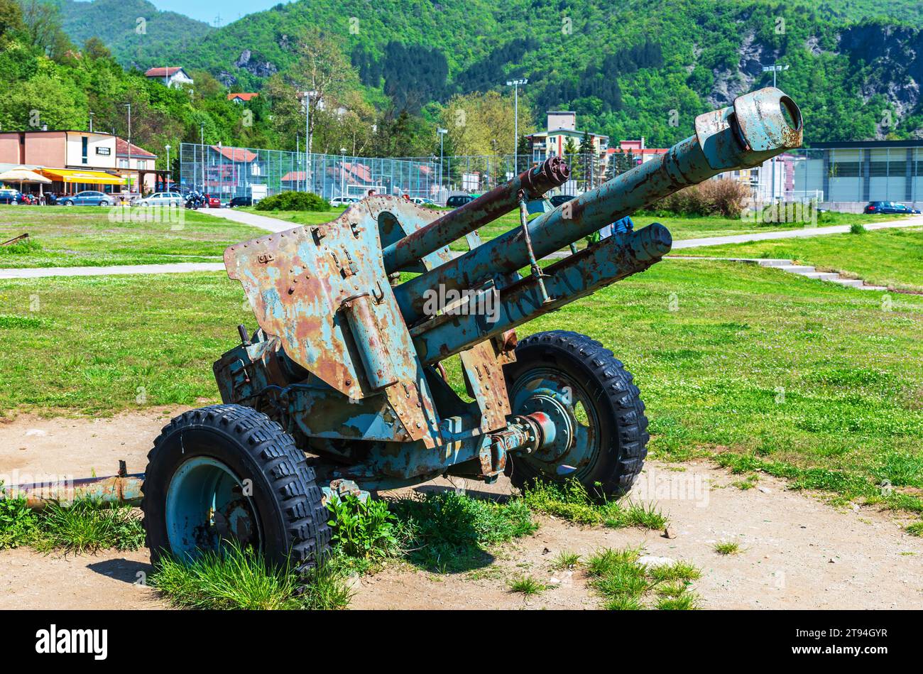 Cannon from the Second World War exhibited in front of the Memorial Center Jablanica Stock Photo
