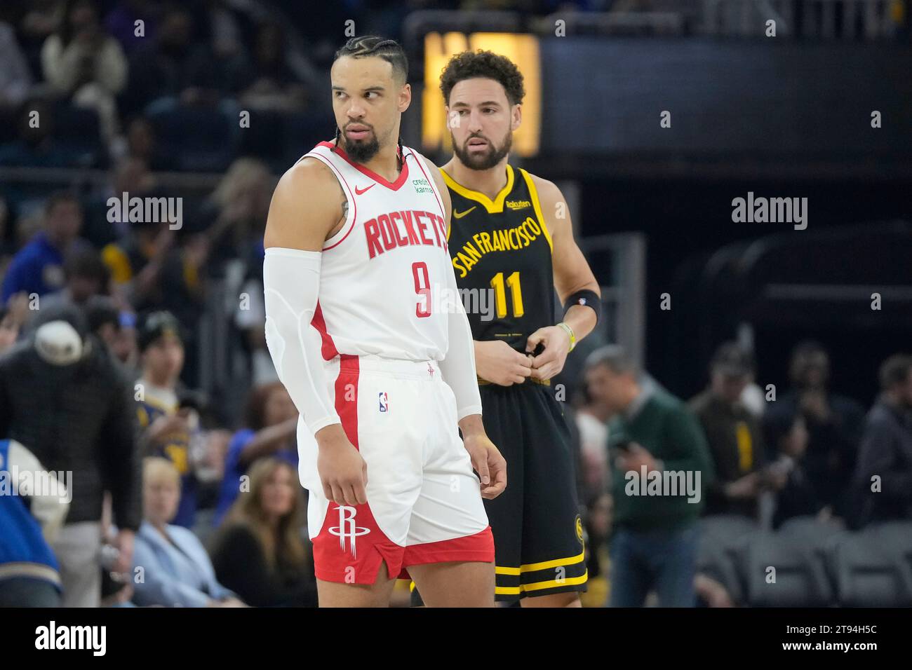 Houston Rockets forward Dillon Brooks (9) and Golden State Warriors