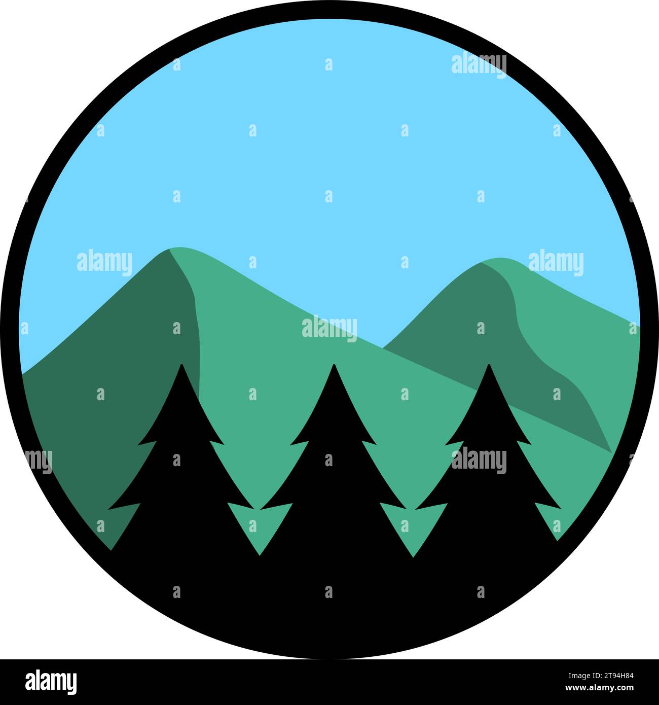 Outdoor circle design with pine trees and mountains - Vector Illustration Stock Vector