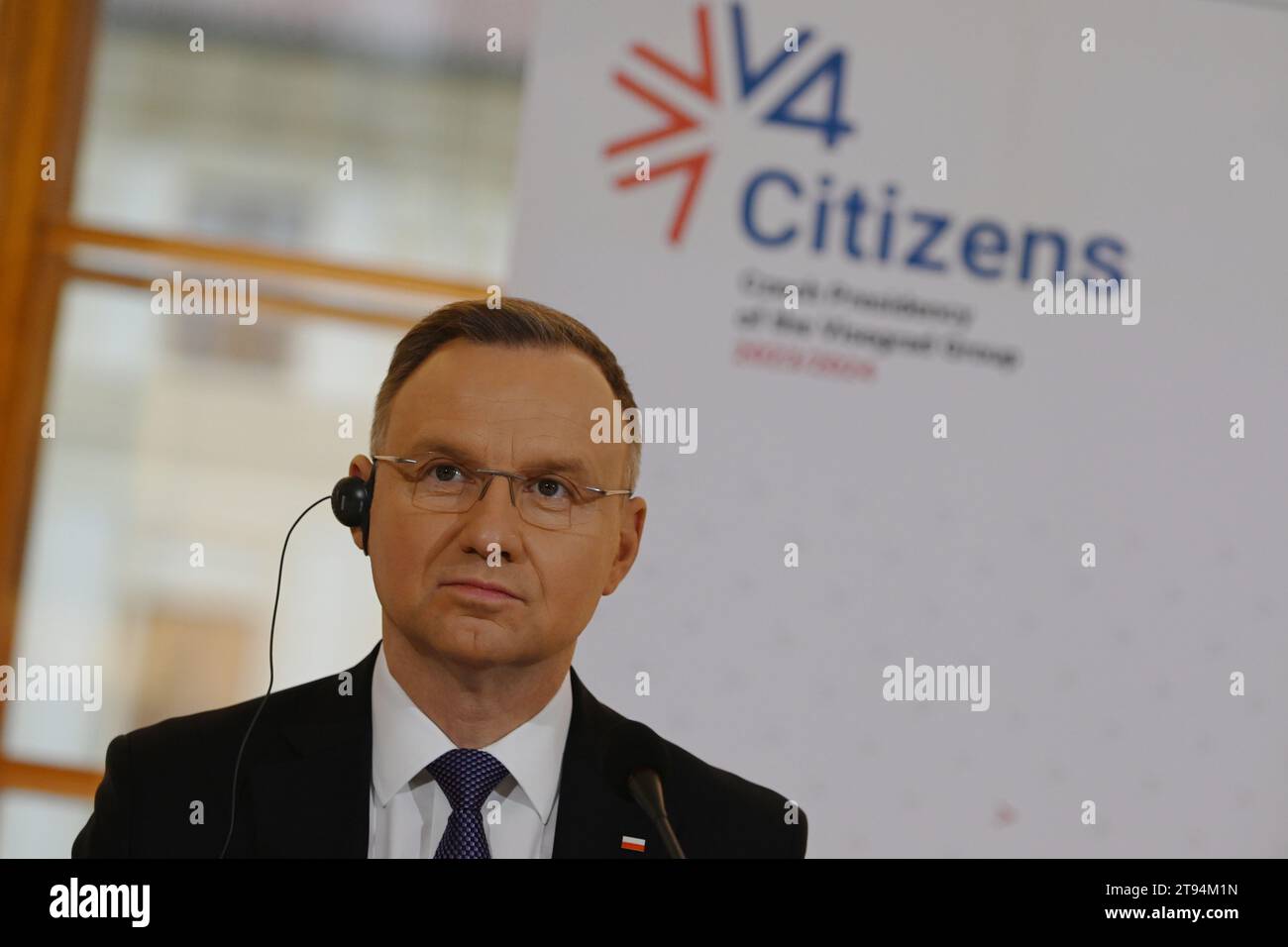 Polish president Andrzej Duda seen during a joint press conference after the summit of presidents of the Visegrad Group (V4) at Prague castle. Presidents of the Czech Republic, Slovakia, Poland and Hungary meets at the summit of the Visegrad Group (V4) hosted by the current Czech presidency of the group. The main topics discussed during the summit are common infrastructure projects and strengthen of the contacts between member countries. Visegrad group (V4) was established in 1991 and consists of 4 countries from Central Europe: Czech republic, Slovakia, Hungary and Poland. Stock Photo