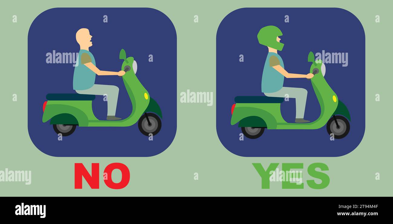 Two icons with a man on a scooter with and without helmet and the words yes and no Stock Vector