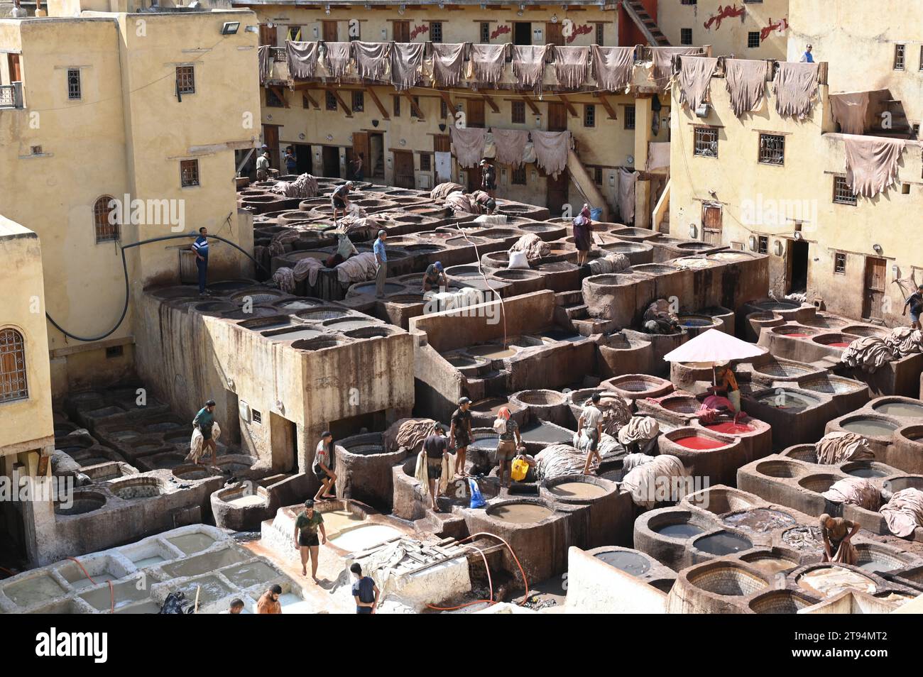 Historic tanners' district in Fez: Hard work in brick basins Stock Photo