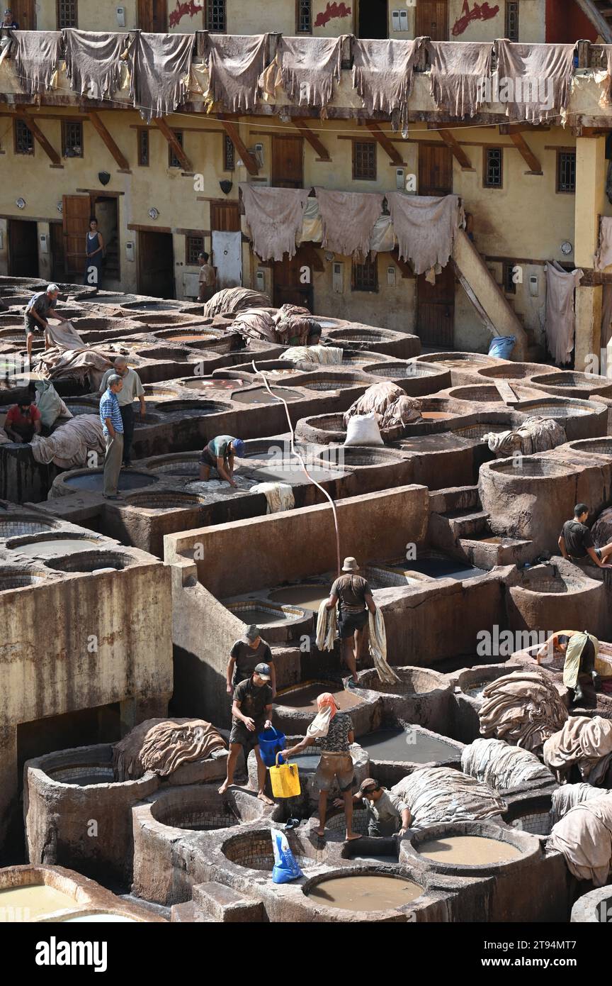 Historic tanners' district in Fez: Hard work in brick basins Stock Photo
