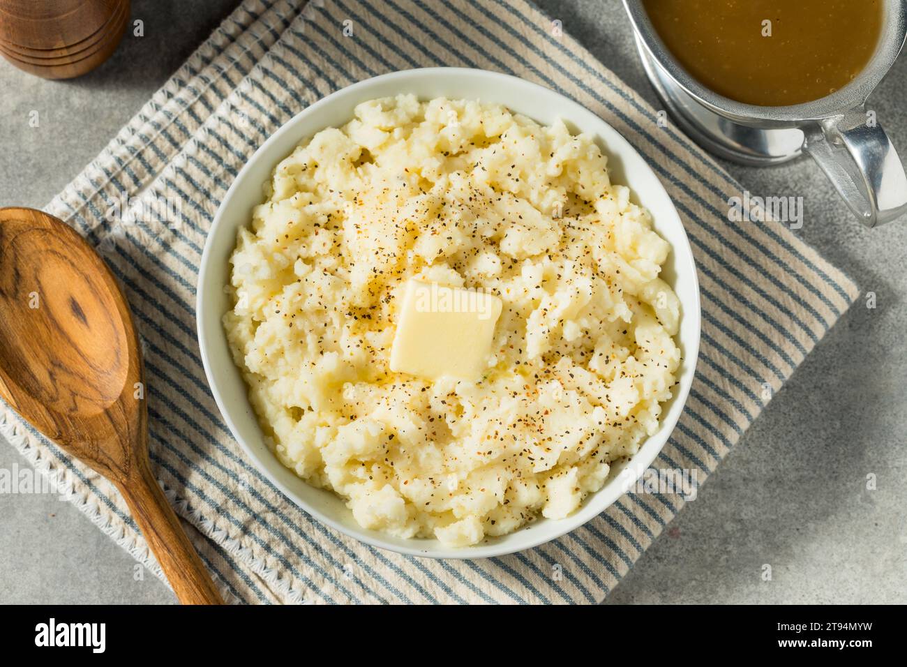 Homemade White Mashed Potatoes with Salt and Butter Stock Photo