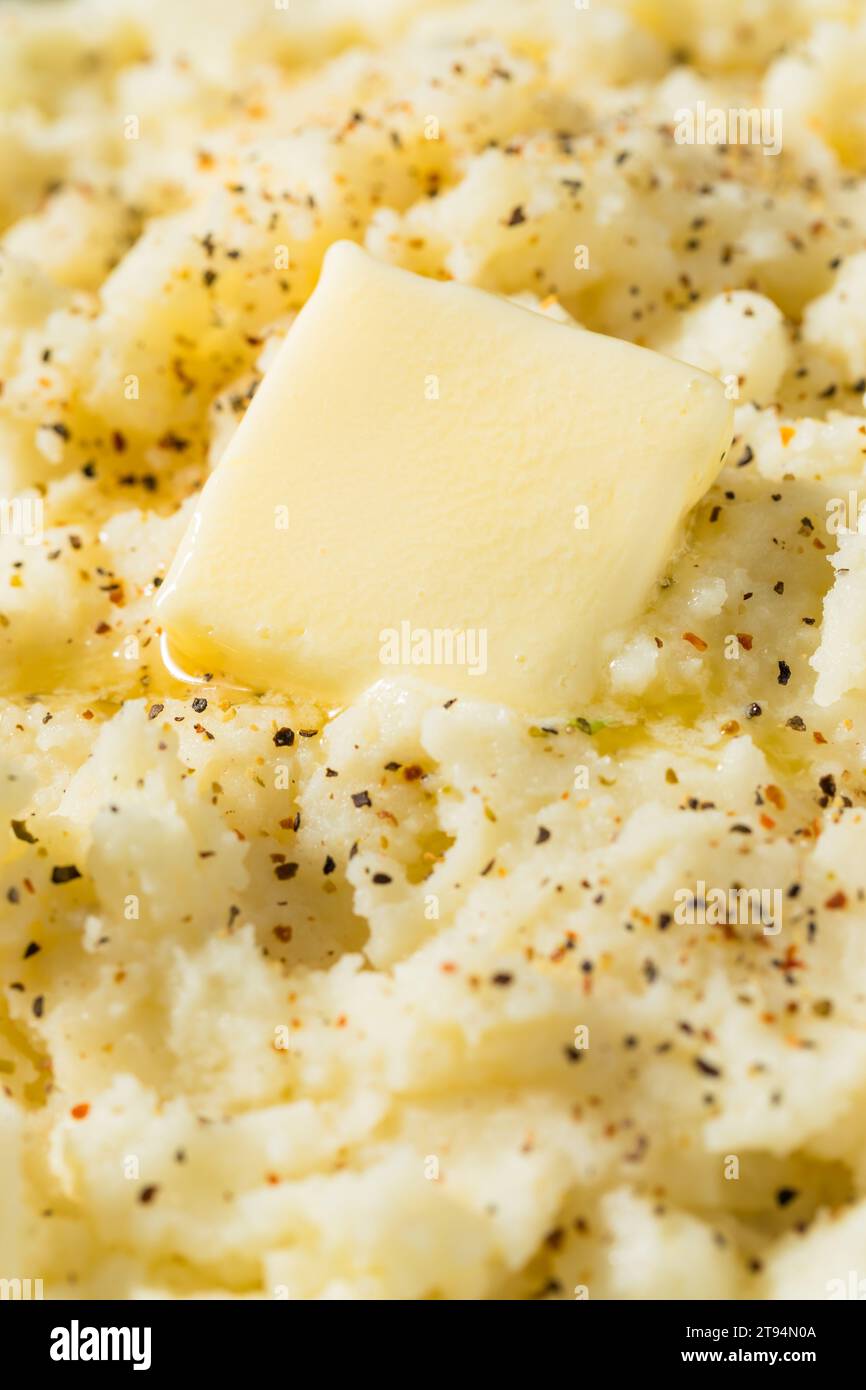 Homemade White Mashed Potatoes with Salt and Butter Stock Photo