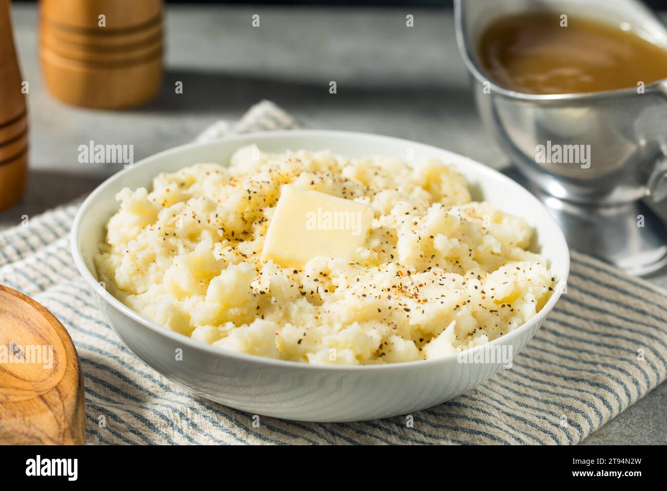 Homemade White Mashed Potatoes with Salt and Butter Stock Photo