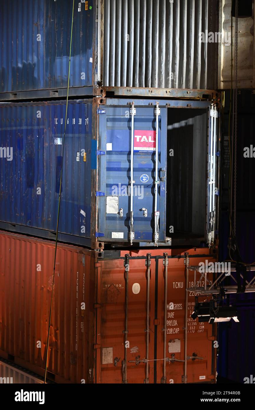 Freight containers stacked in a hall, Hamburg Stock Photo - Alamy