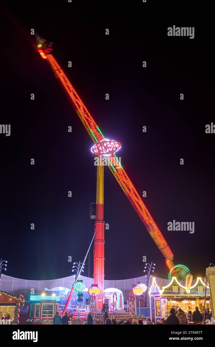 Blackpool Christmas market and  fair 2023 on the Tower festival headland. Giant swing at night Stock Photo