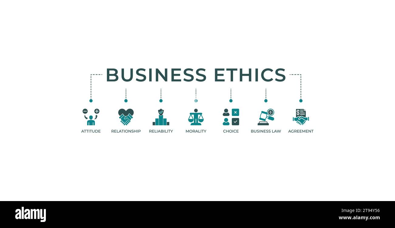 Business ethics banner web icon vector illustration concept with icon of attitude, relationship, reliability, morality, choice, business law and agree Stock Vector