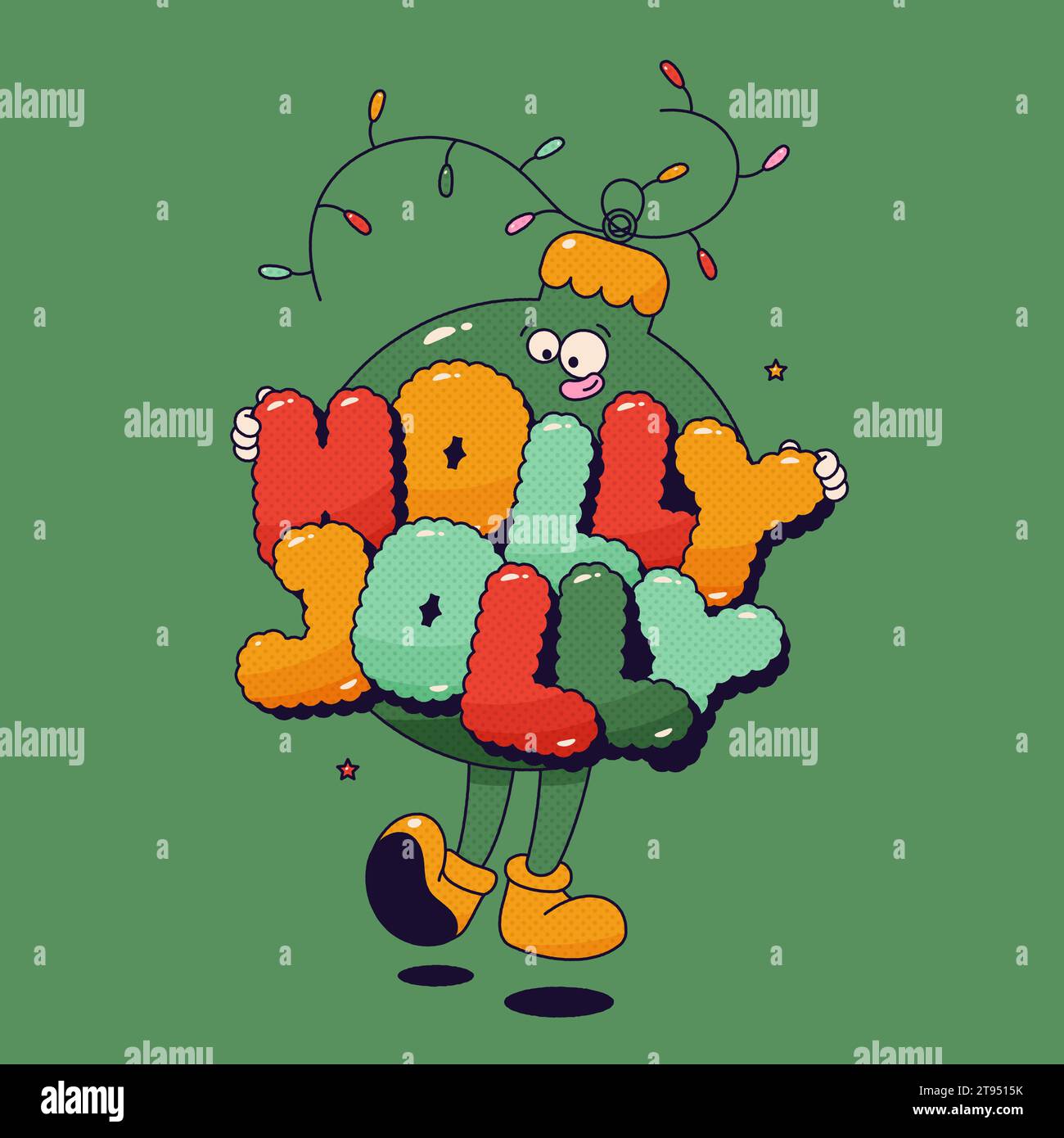 Christmas groovy ball character with letters Holly Jolly and garland on green background. Stock Vector