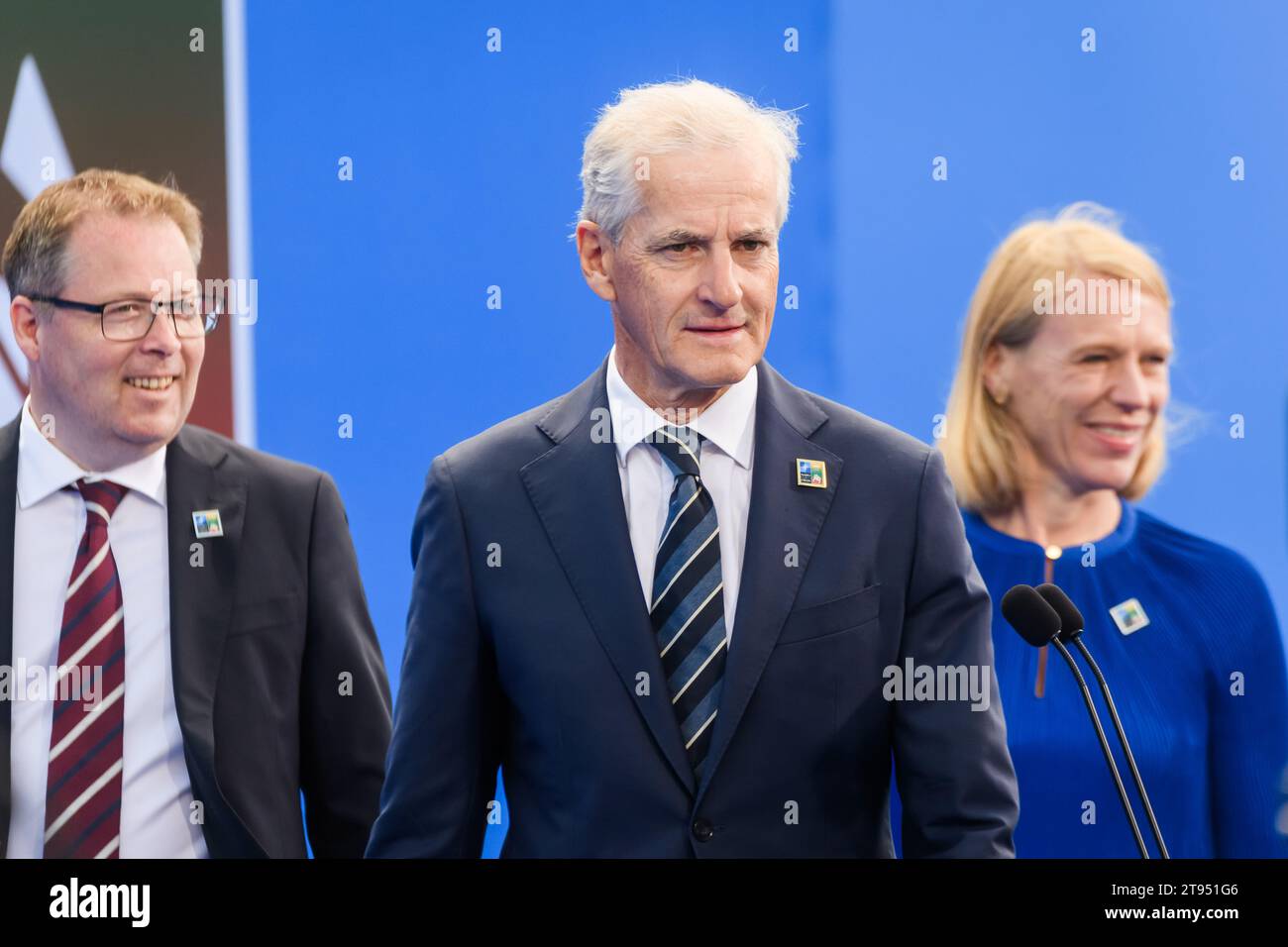 VILNIUS, LITHUANIA. 11th July 2023. Jonas Gahr Støre, Prime Minister of Norway during doorstep at NATO SUMMIT 2023. Vilnius, Lithuania. Stock Photo