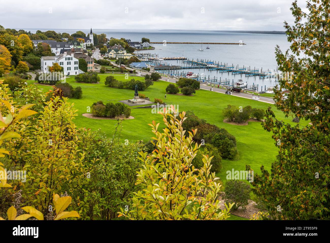 View of Mackinac Island State Harbor and Straits of Mackinac from Fort ...