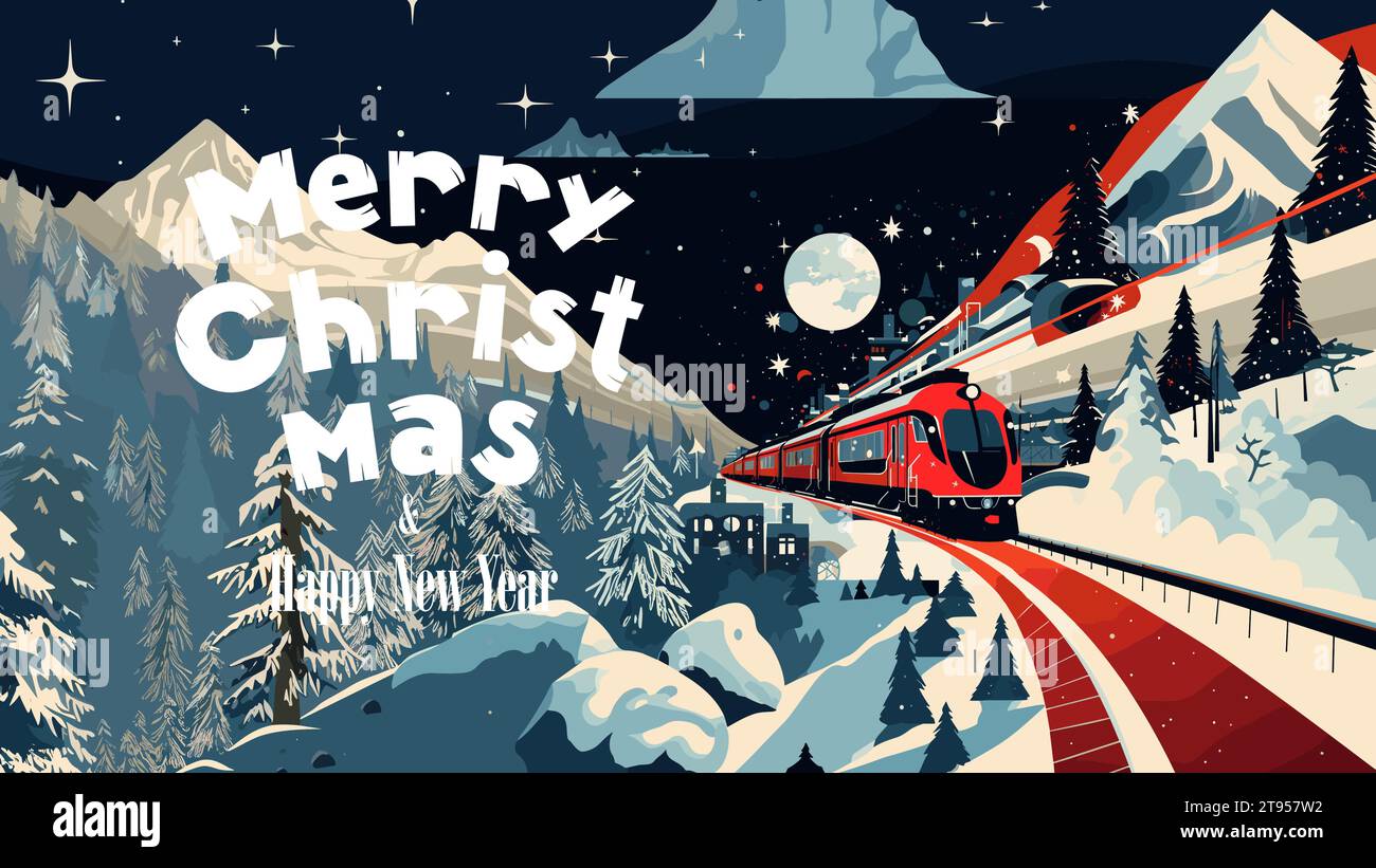Merry Christmas and Happy New Year party greeting card with modern train. Polar express bring gifts in abstract landscape. Xmas traditional holiday eve horizontal banner. Winter celebration postcard Stock Vector