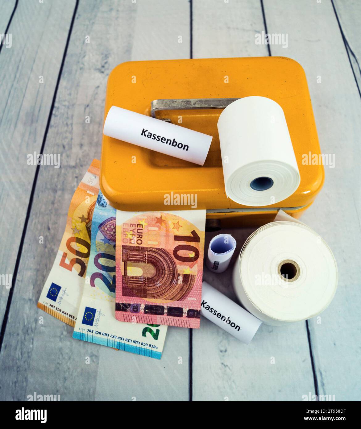 Oblication Box cash box, vouchers and Euros, obligation of sales check Stock Photo - Alamy