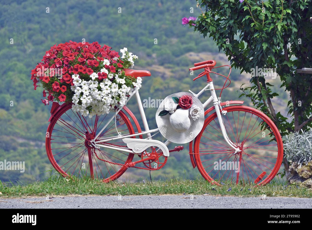 bicycle as decoration along the road to the pass of Galibier, France, Savoie, Maurienne Stock Photo