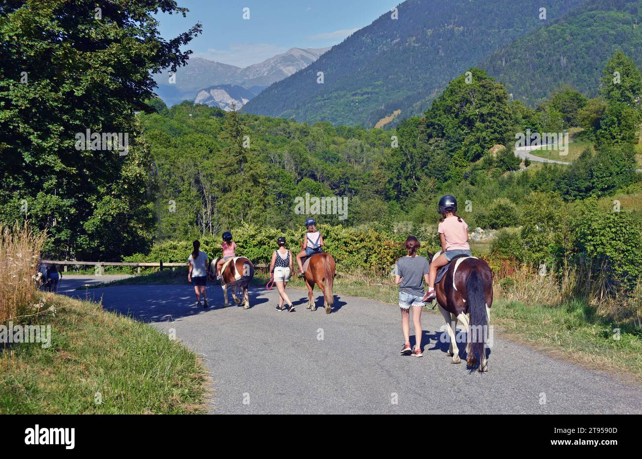 Riding tour for children, France, Savoie, Maurienne Stock Photo