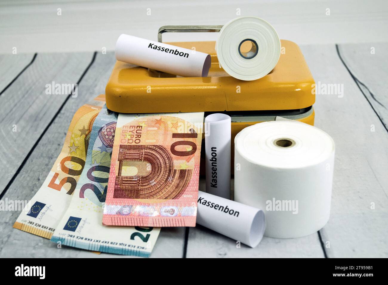 Oblication Box cash box, vouchers and Euros, obligation of sales check Stock Photo - Alamy