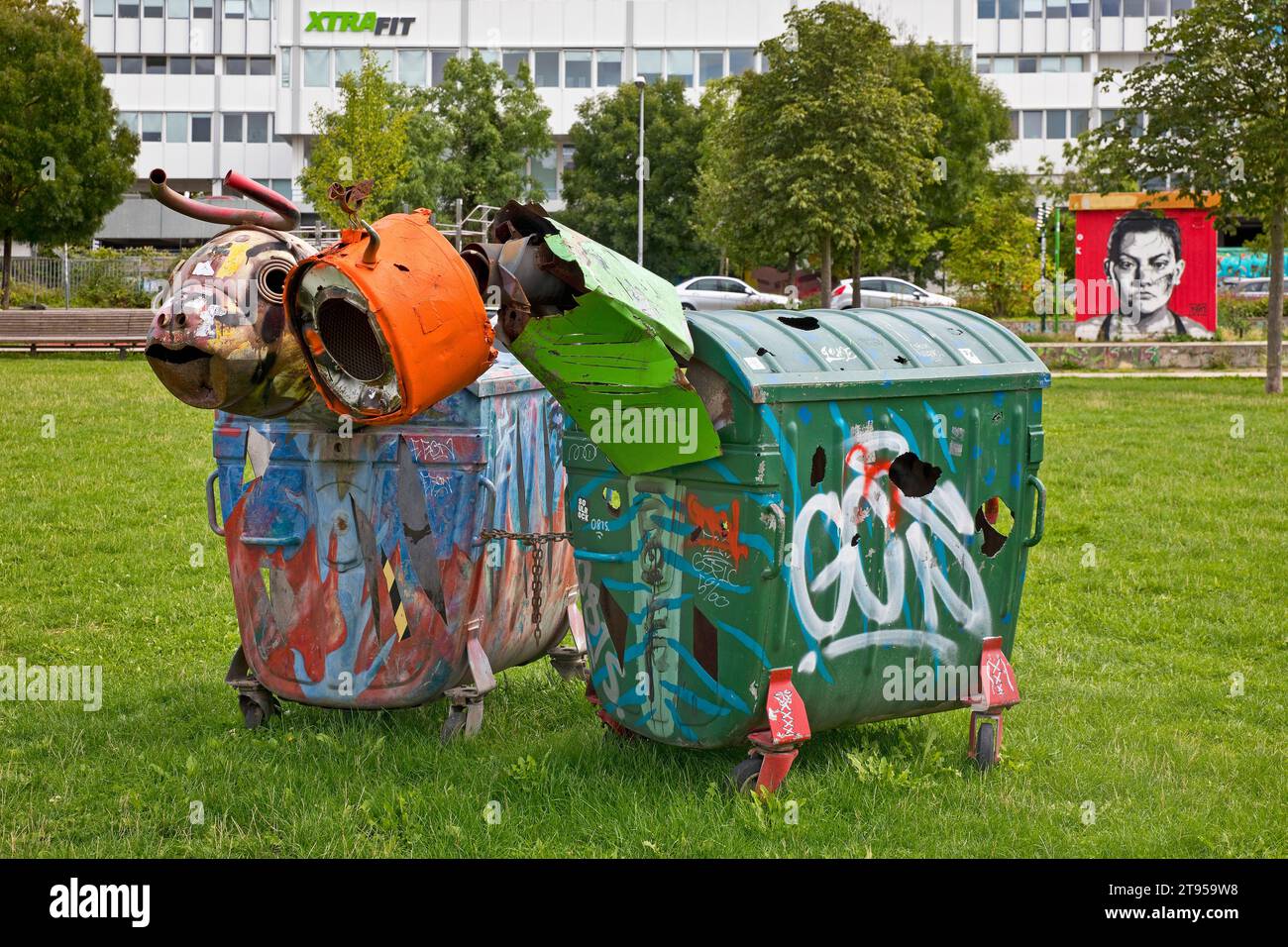 sculptures from rubbish containers, Kulturpark am Schlachthof, Germany, Hesse, Wiesbaden Stock Photo