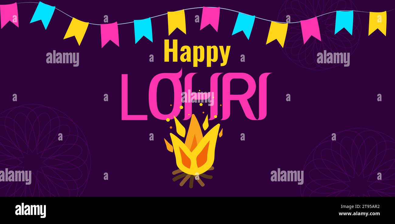 Lohri festival Punjabi fiery harvest in India. Bright colored flags and