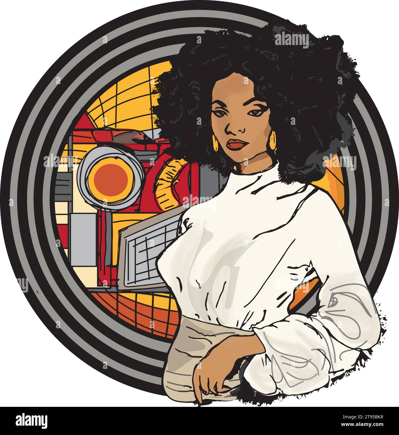 Art deco style round vector background of a black woman with natural hair wearing a white blouse with tan skirt, black circle border Stock Vector