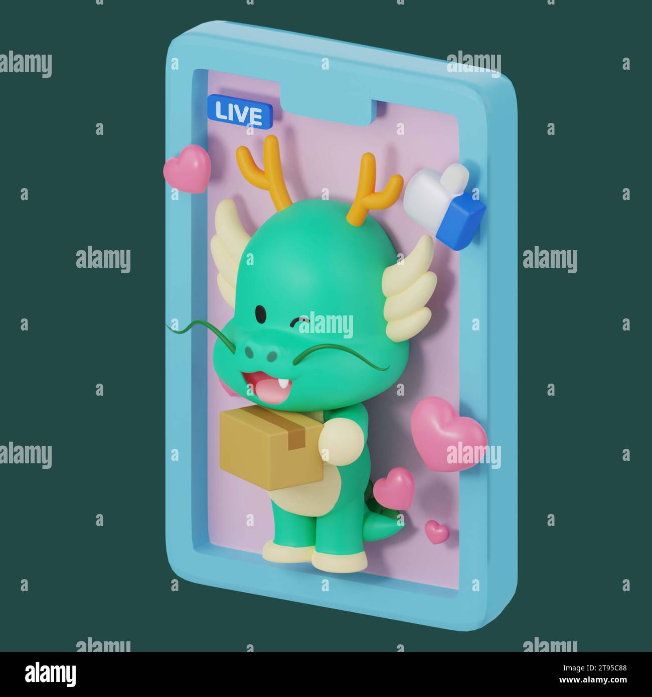 dragon 3d graphic holding a delivery box in mobile Stock Photo