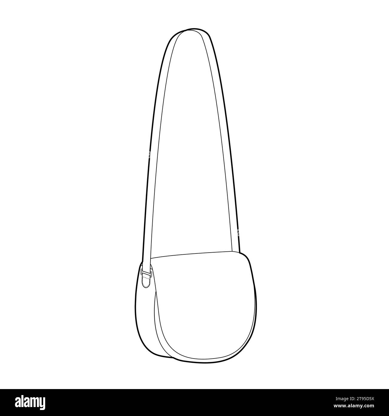 Saddle Cross-Body Bag silhouette. Fashion accessory technical illustration. Vector satchel front 3-4 view for Men, women, unisex style, flat handbag CAD mockup sketch outline isolated Stock Vector