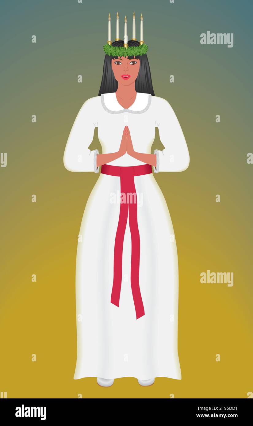 Beautiful Saint Lucia woman with traditional wreath with candles in her hair. Vector