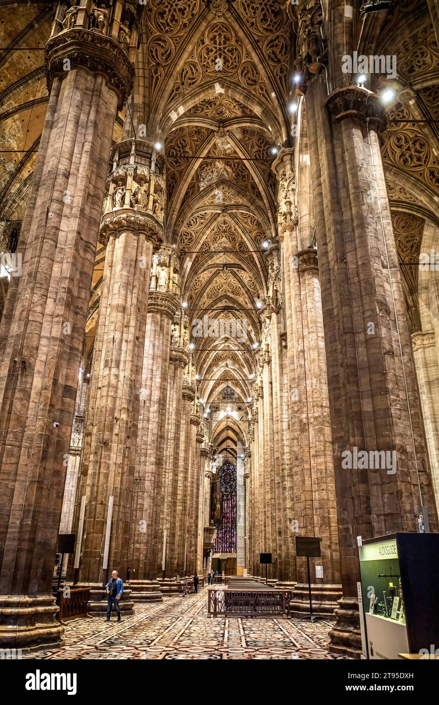 Milan Cathedral interior, the Metropolitan Cathedral-Basilica of the Nativity of Saint Mary, is the cathedral church of Milan, Lombardy, Italy. Stock Photo