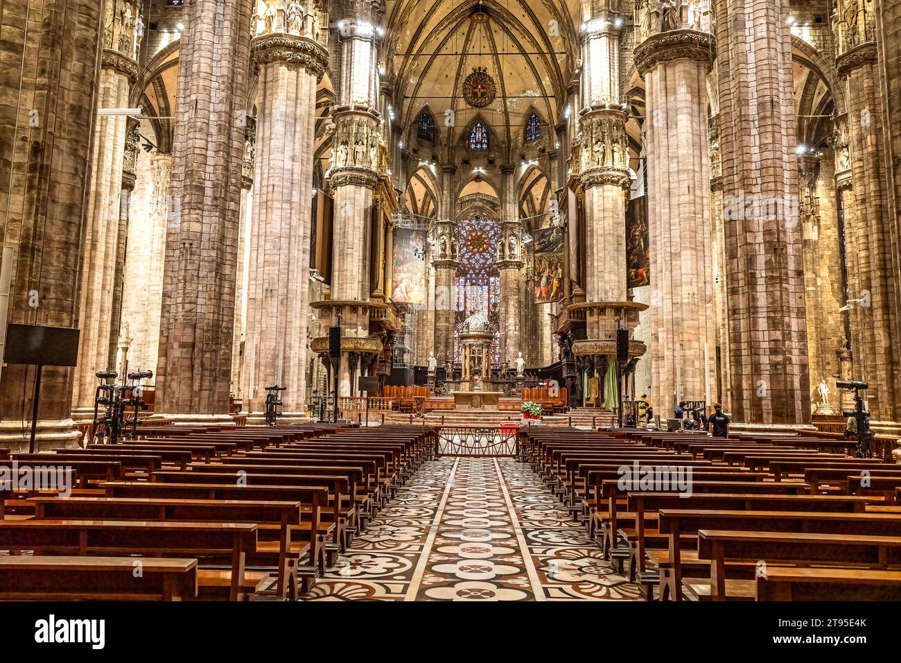 Milan Cathedral interior, the Metropolitan Cathedral-Basilica of the Nativity of Saint Mary, is the cathedral church of Milan, Lombardy, Italy. Stock Photo