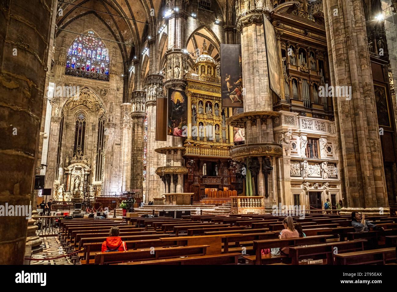 Milan Cathedral interior, the Metropolitan Cathedral-Basilica of the Nativity of Saint Mary, is the cathedral church of Milan, Lombardy, Italy. Stock Photo