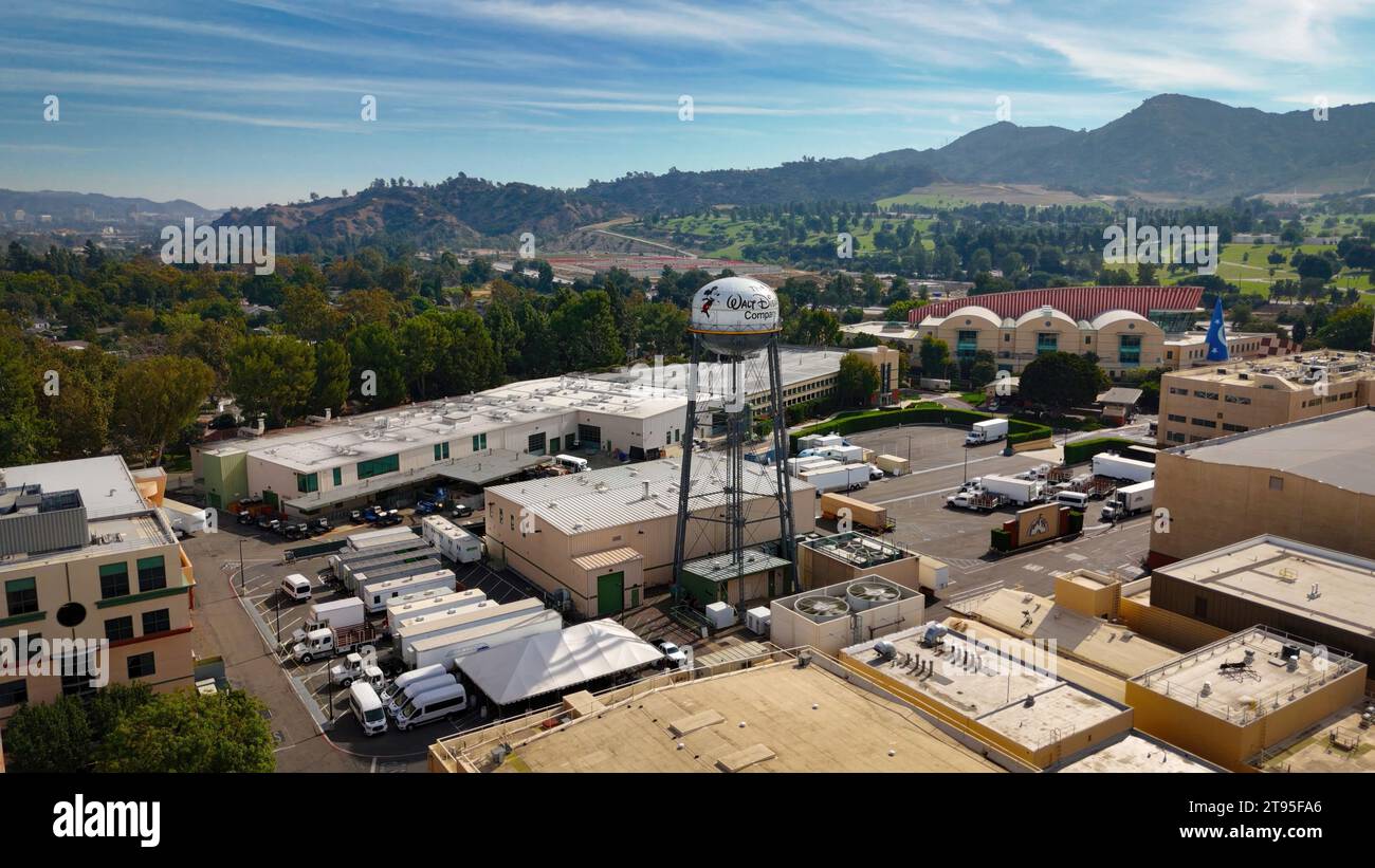 Flight over the Walt Disney Studios in Burbank Los Angeles Drone
