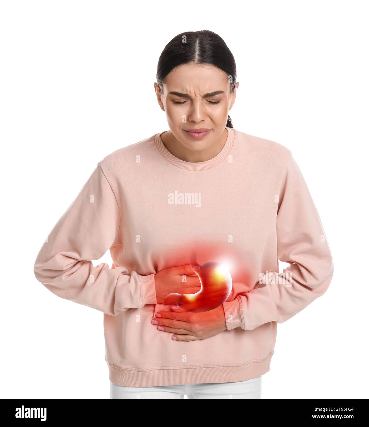 Woman suffering from abdominal pain on white background. Illustration