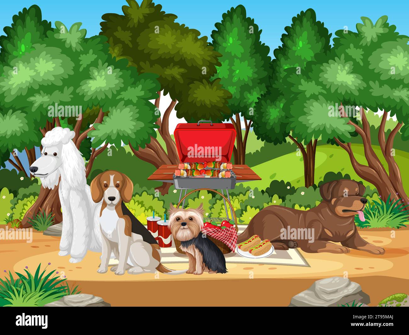 Vector cartoon illustration of dogs enjoying a picnic in a nature park ...