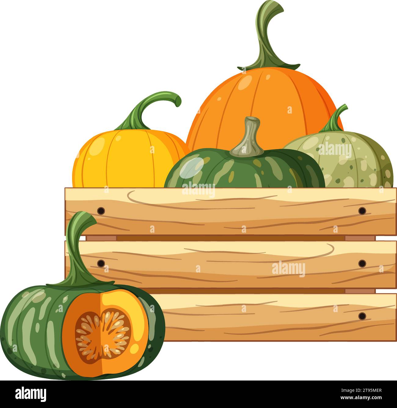 Colorful cartoon illustration of pumpkins arranged in a wooden crate ...