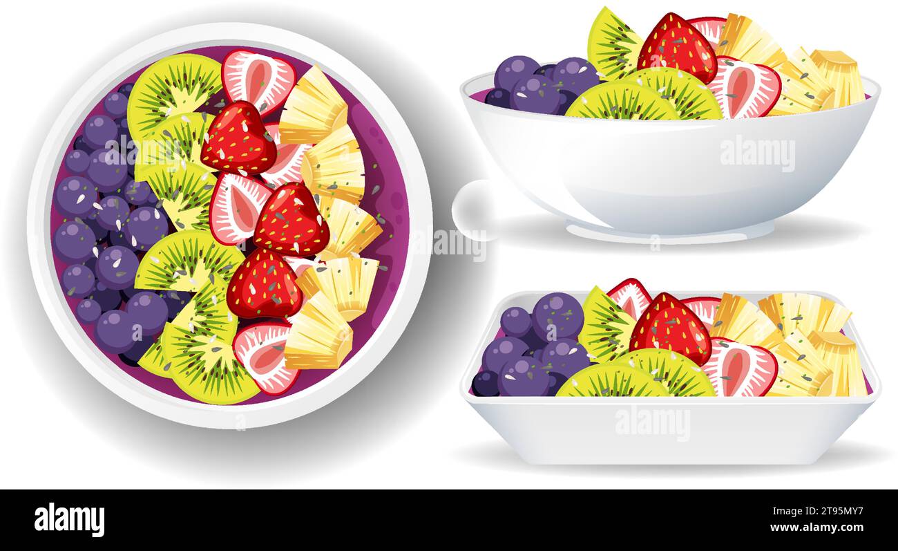 Delicious and nutritious acai bowl from a bird's eye and side