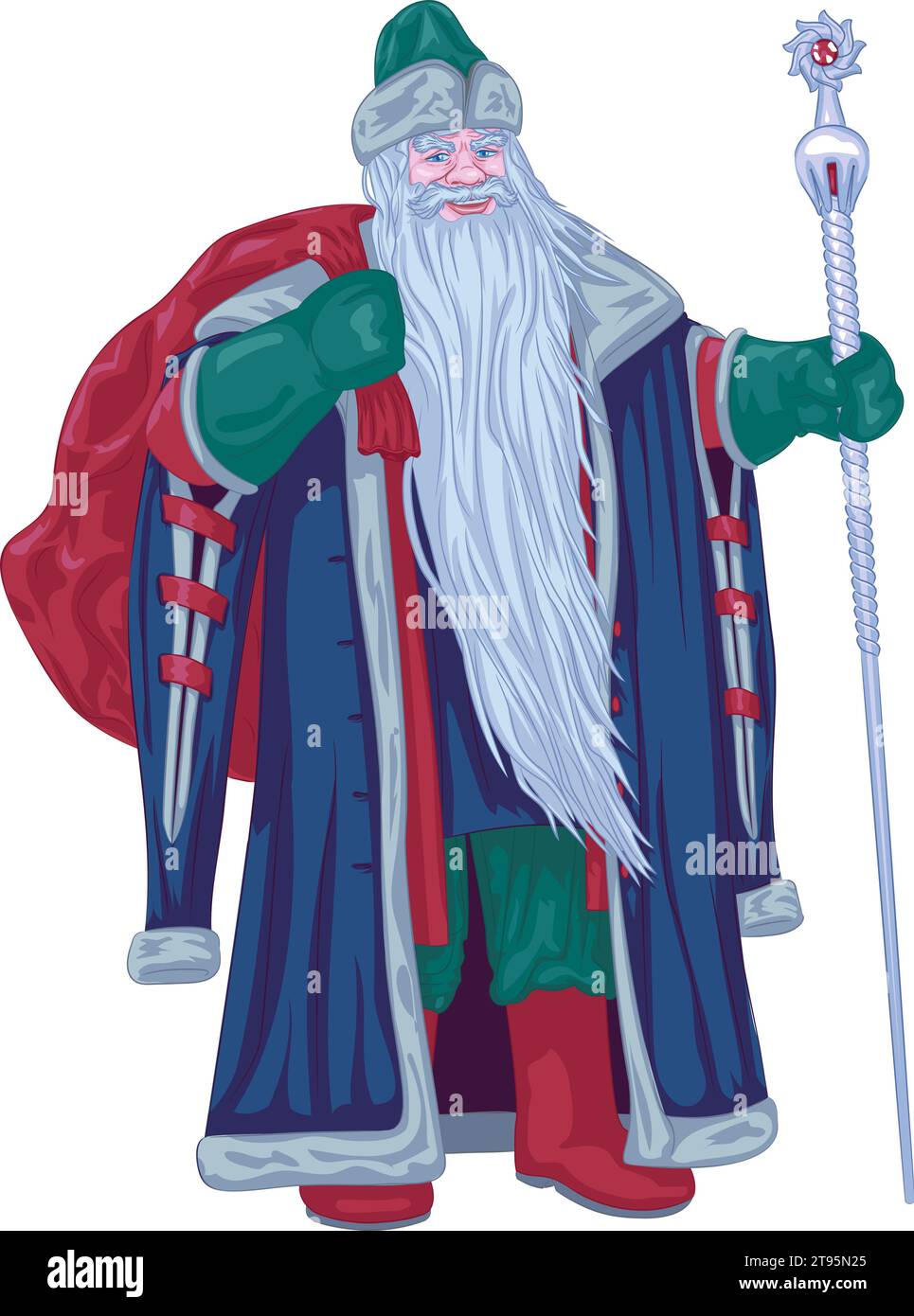 Ded Moroz with bag behind his back and staff. Vector illustration of ...